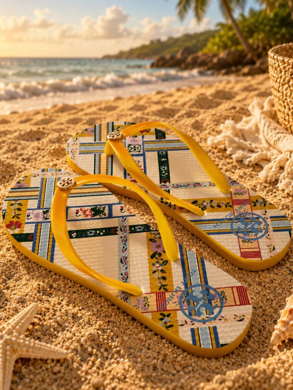 Tory Burch Printed Flip-Flops – Yellow Strap, Floral Patchwork Print Size 7